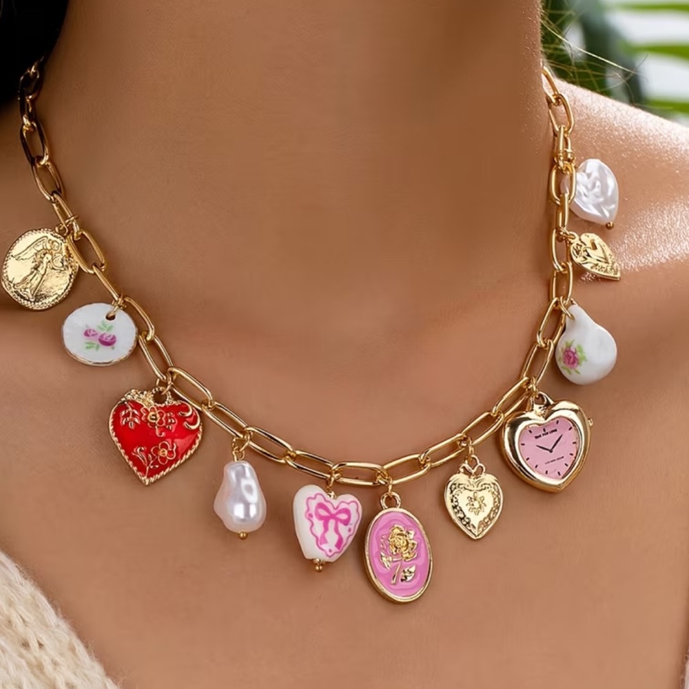 NEW Gold Charm Necklace with Multicolor Toile Accents